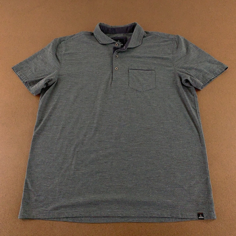 prAna‎ Men's Size XL Gray Striped Short Sleeve Chest Pocket Polo Shirt